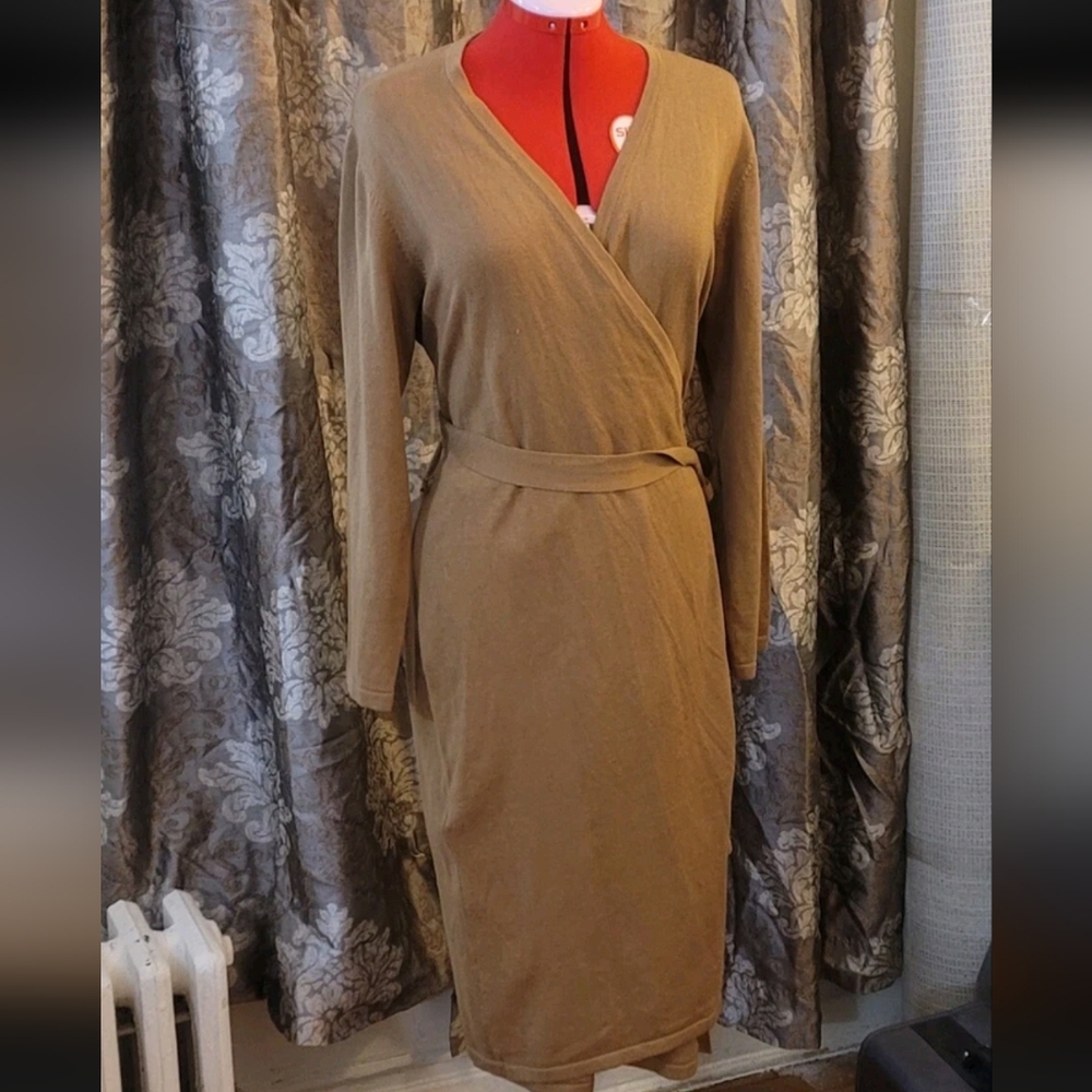 Anne Klein Tan Long Sleeve Wrap Dress